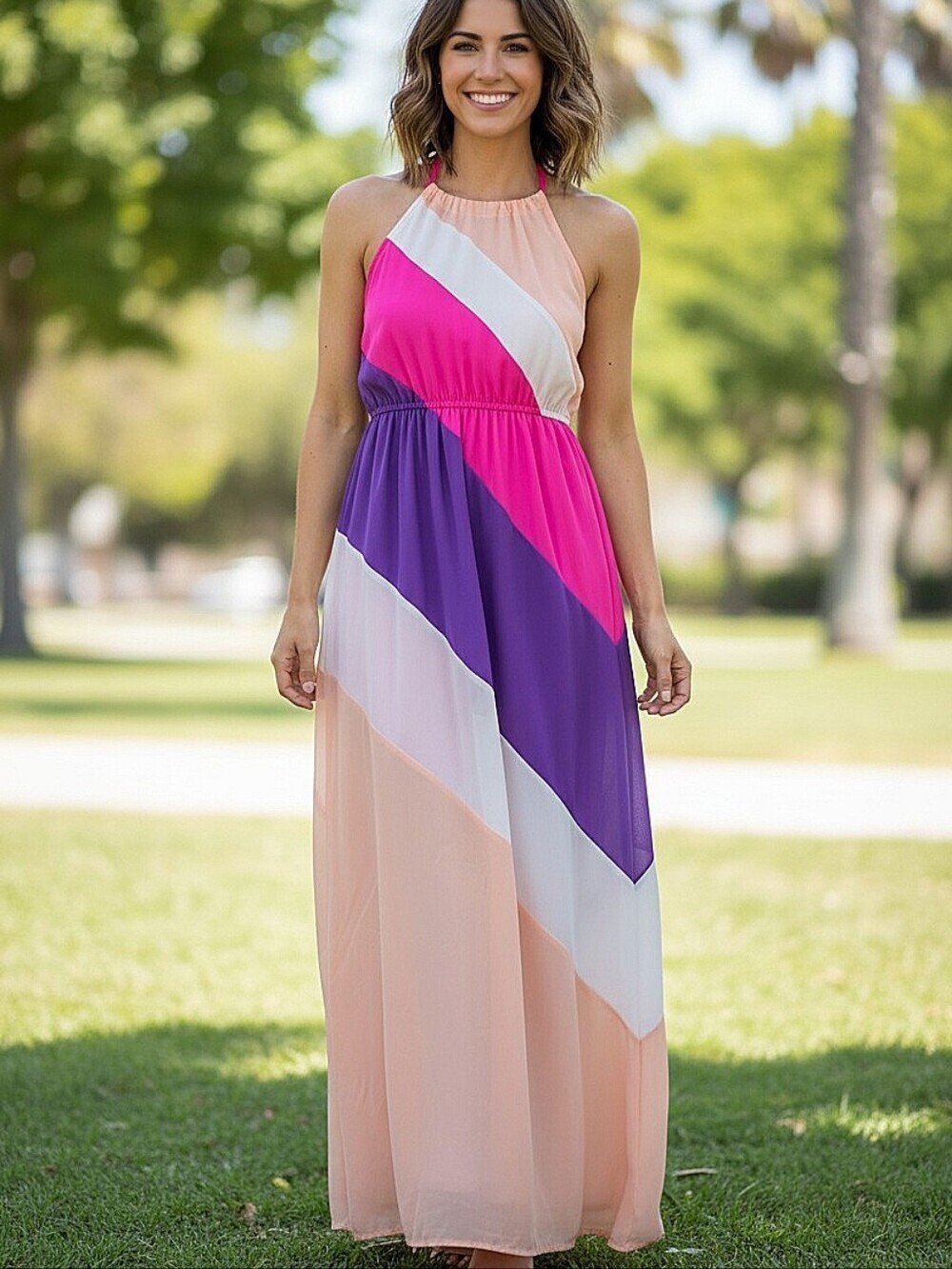 NWT! West 36th Colorblock Halter Maxi Dress in Pink, Purple & Peach